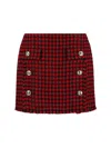 Versace Button-embellished Frayed Checked Tweed Mini Skirt In Lipstick Red+black