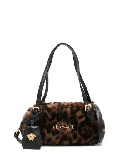 Versace Mini Tag Leopard-print Shoulder Bag In Brown