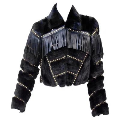 Pre-owned Versace Mink Fur Cropped Jacket With Studs, Crystals And Leather Fringe Nwt In Black