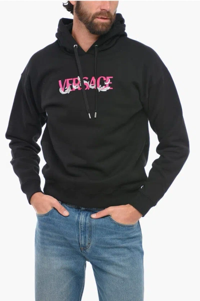 Versace Baroque Embroidered Cotton Logo Hoodie In Black