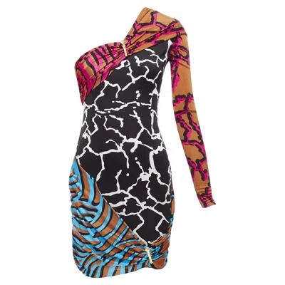 Versace Mixed Giraffe Print Logo Clip Body Con Wiggle Dress In Multi