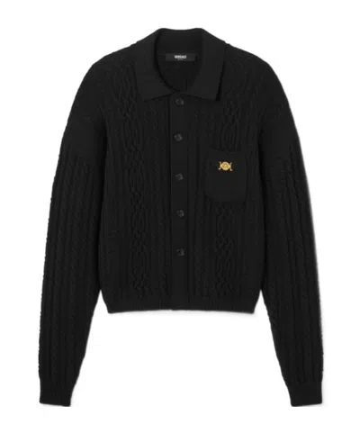 Versace Mixed-stitch Knitted Cardigan In Black