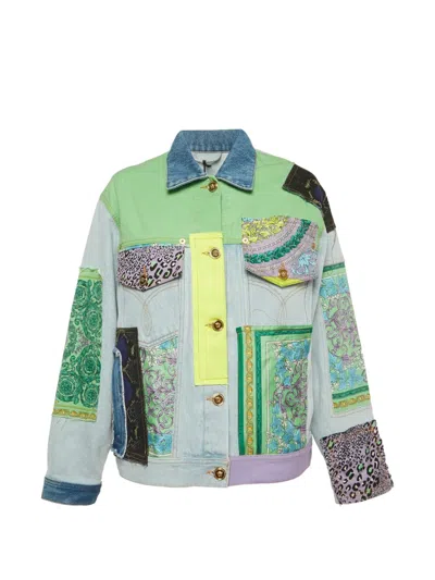 Pre-owned Versace Mixed-print Patchwork Denim Jacket In Blue