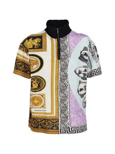 Pre-owned Versace Mixed-print Quarter-zip T-shirt In White