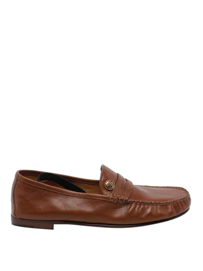 Versace Rovere Guanto Leather Loafers In Brown