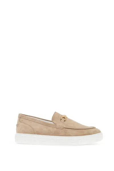 Versace Medusa 95 Suede Greca Loafers In Light Sand  Gold