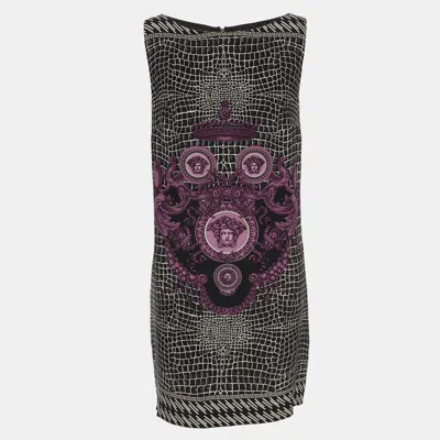 Pre-owned Versace Monochrome/purple Animal Print Satin Medusa Sleeveless Mini Dress L In Gray