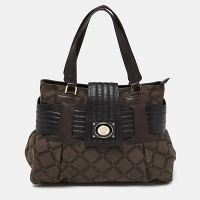 Versace Monogram Fabric And Leather Medusa Tote In Brown