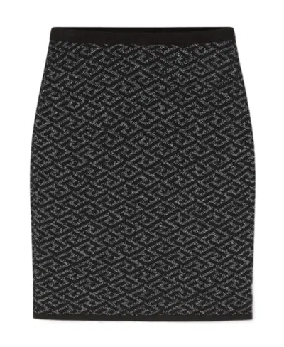 Versace Monogram-jacquard Knit Skirt In Black