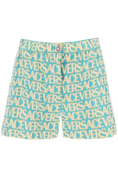 Versace Logo-print Silk Shorts In Celeste