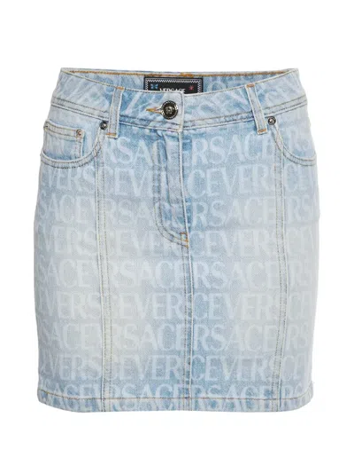 Pre-owned Versace Monogram-print Denim Mini Skirt In Blue