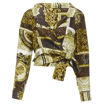 Pre-owned Versace Mosaic Barocco Silk Print Wrap Tie Cropped Shirt In Brown