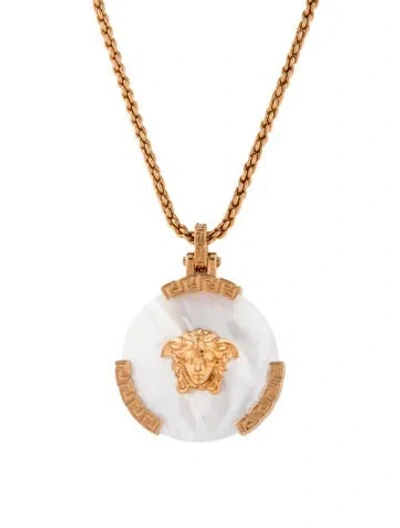 Pre-owned Versace Mother Of Pearl La Medusa Pendant Necklace, 22" In White