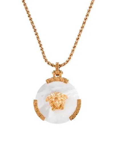 Pre-owned Versace Mother-of-pearl Medusa Pendant Necklace, 20" In Neutral