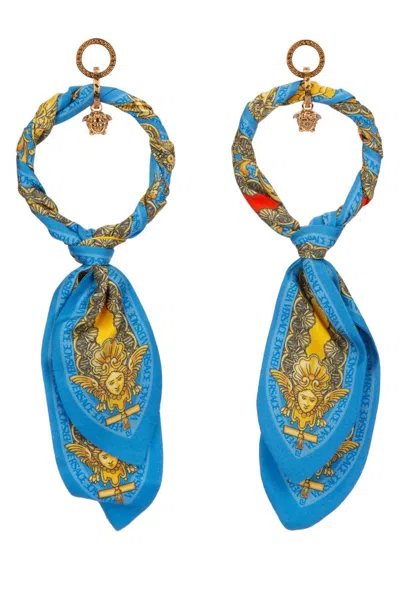 Versace Motif Detailed Hoop Earrings In Blue
