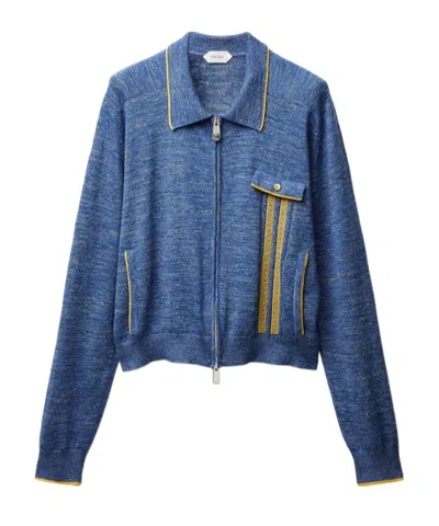 Versace Mouliné Jacquard Knit Zip Cardigan In Blue