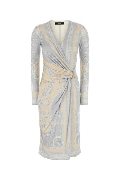Versace Printed Viscose Dress In Gray