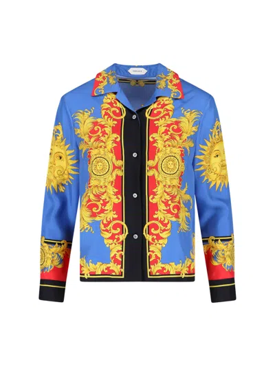 Versace Multicolor Artistic Motifs Silk Shirt In Blue