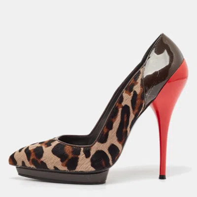 Versace Multicolor Calf Hair And Patent Leather Platform Pumps In Brown