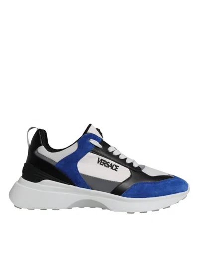 Versace Multicolor Canvas Quad Fabric Medusa Low Top Sneakers Shoes In Blue