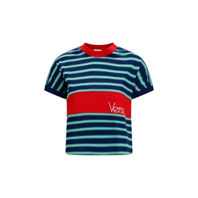 Versace Logo-embroidered Striped Cotton-jersey T-shirt In Black