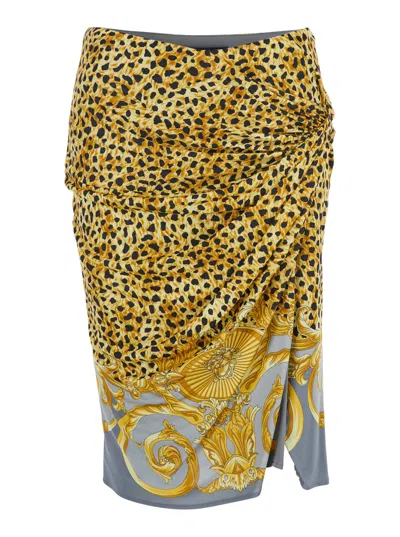 Versace Skirt Cheetah Foulard On Responsible Heavy Viscose Liquid Jersey In Yellow