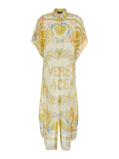 Versace Multicolor Dress With Pointed Collar And All-over Underwater Barocco Print In Silk And Cotton Woman In Gold