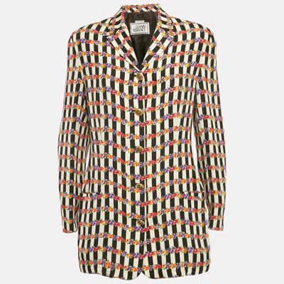 Pre-owned Versace Multicolor Floral And Stripe Print Silk Blazer M