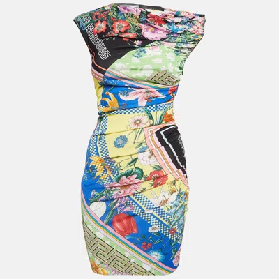 Pre-owned Versace Multicolor Floral Print Jersey Ruched Bodycon Dress S