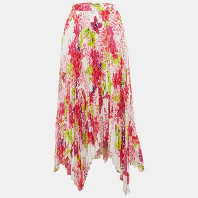 Versace Multicolor Floral Print Satin Pleated Asymmetric Midi Skirt