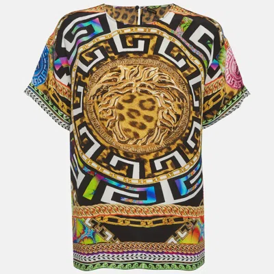Pre-owned Versace Multicolor Medusa And Leopard Print Silk Top L