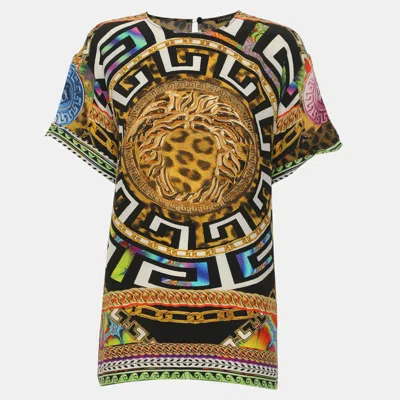 Pre-owned Versace Multicolor Medusa Leopard Printed Crepe Tops M