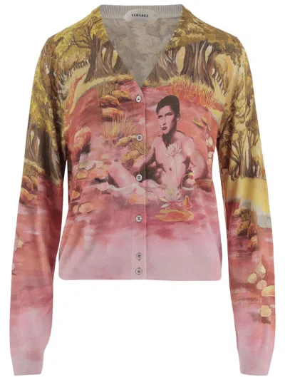 Versace Multicolor Naturist Print Silk Cardigan