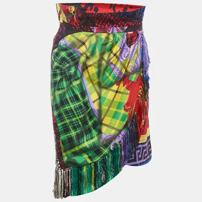 Pre-owned Versace Multicolor Printed Silk Fringed Short Skirt L