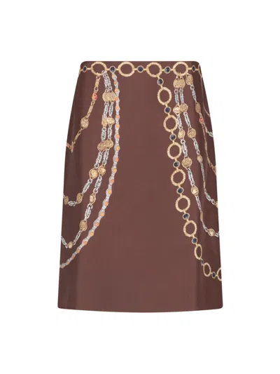 Versace Multicolor Printed Silk Midi Skirt In Brown