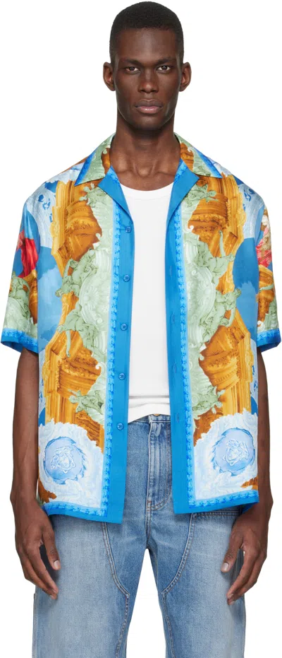 Versace Multicolor Printed Silk Twill Regular Shirt In Blue