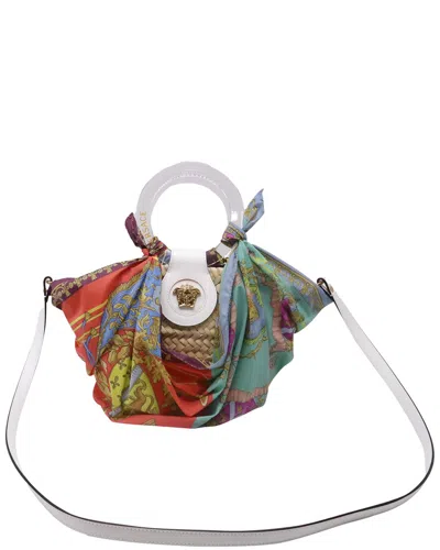 Pre-owned Versace Multicolor Raffia Woven Scarf La Medusa Handle Bag (authentic Pre-  Loved)