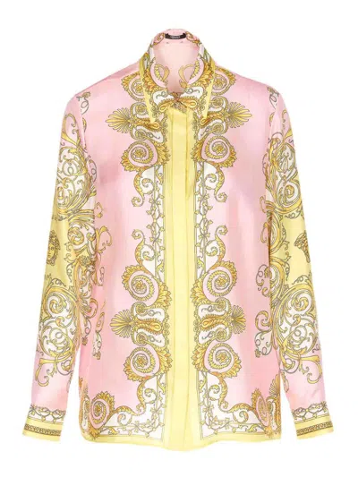 Versace Multicolor Long-sleeved Shirt With Pointed Collar And All-over Baroque Print In Silk For Women