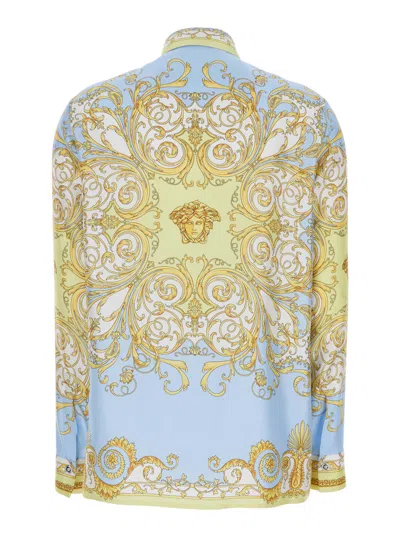 Versace Multicolor Shirt With Pointed Collar And All-over Barocco Print In Silk Woman In Blue