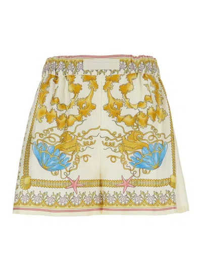 Versace Multicolor Shorts With Elastic Waist And All-over Underwater Barocco Print In Silk Woman