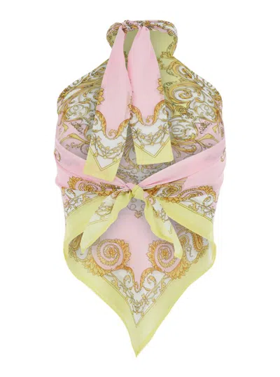 Versace Multicolor Sleeveless Top With Halterneck And All-over Print In Tech Fabric Woman