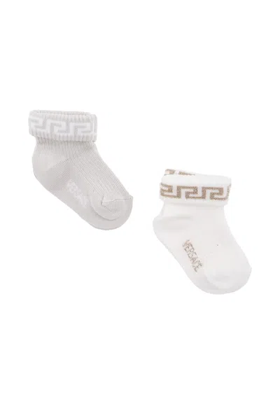 Versace Multicolor Socks Set For Babykids With Greca Motif In White