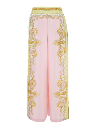 VERSACE MULTICOLOR TROUSERS WITH ELASTIC WAIST AND ALL-OVER GEOMETRIC PRINT IN SILK WOMAN