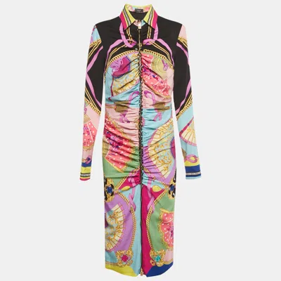 Pre-owned Versace Multicolor Ventagli Print Silk Zip Up Shirt Midi Dress L