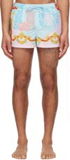 Versace Silk Twill Shorts With Vibrant Classical Motifs In 5x590-pastel Blue+pa
