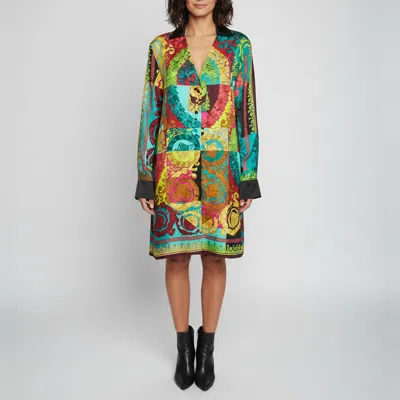 Pre-owned Versace Multicolor Voyage Barocco Print Silk Shirt Dress L