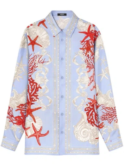 Versace Sea Print Long Sleeve Shirt In Multicolor