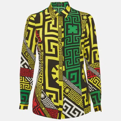 Versace Multicolour Geometric Greek Print Silk Long Sleeve Shirt