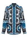 Versace Silk Shirt With Printed Design And Button-down Collar In Blue