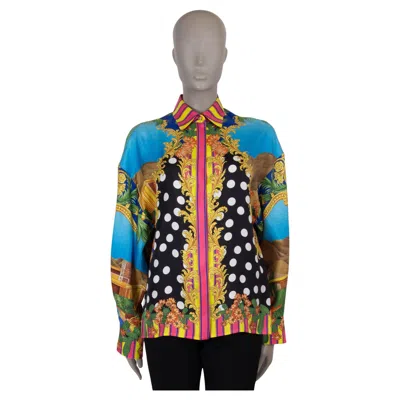 Pre-owned Versace Multicoloured Silk 2023 Medusa Palm Springs Tie-front Blouse Shirt S In Black